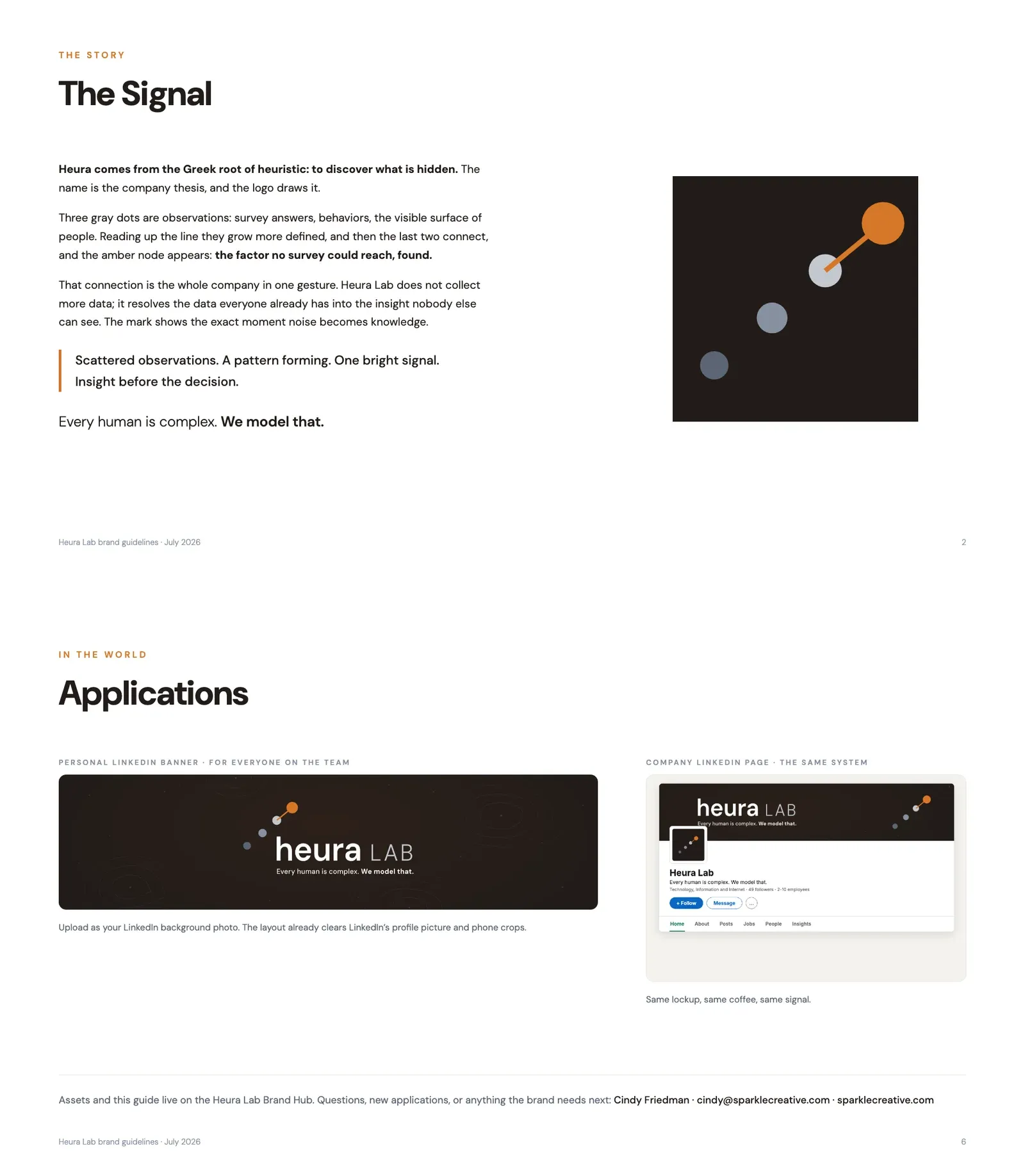Pages from the Heura Lab brand guidelines: the story behind the mark, and the identity in the world