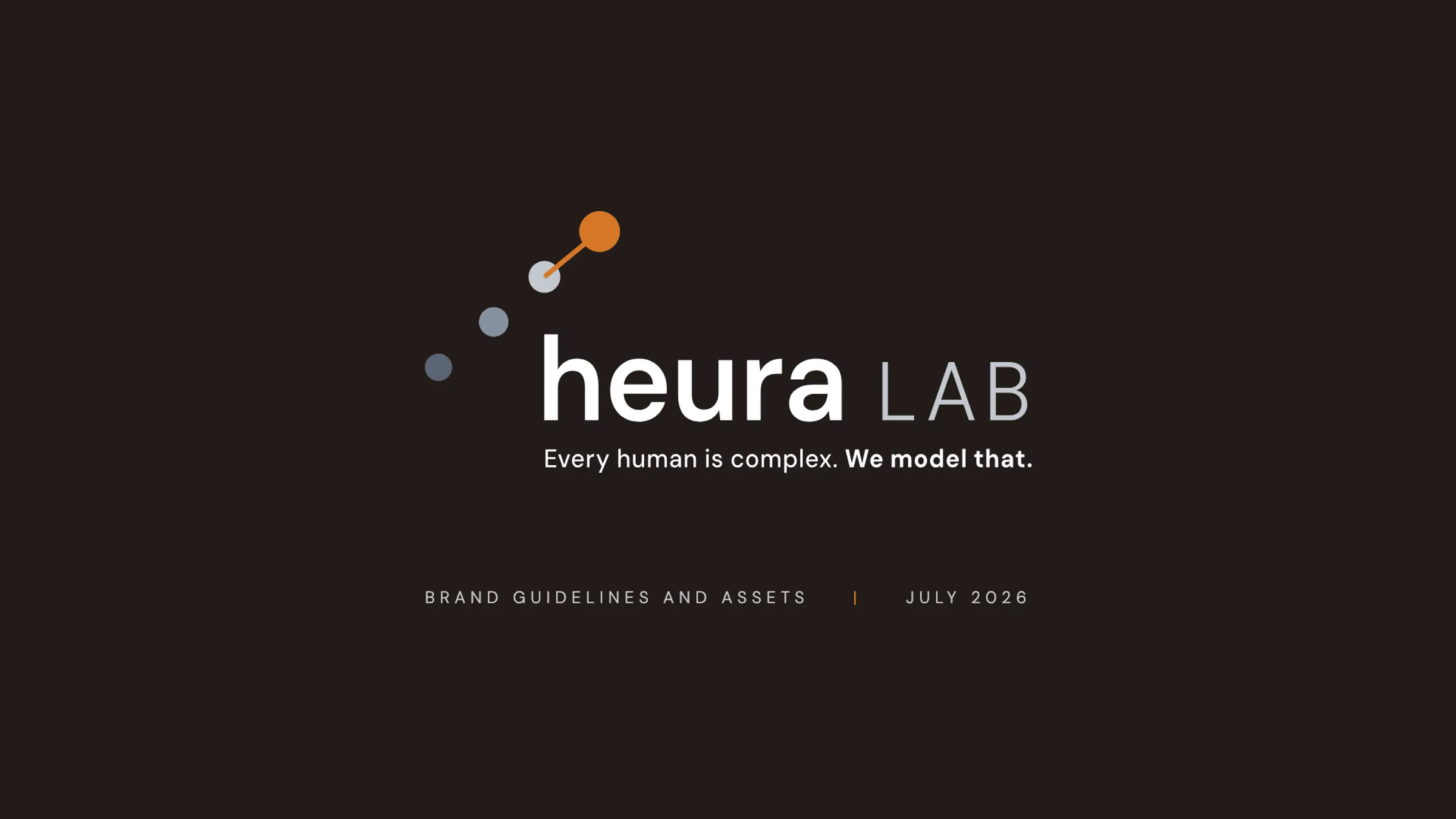 Heura Lab identity: the heura LAB wordmark with a scattered dot signal mark on deep coffee